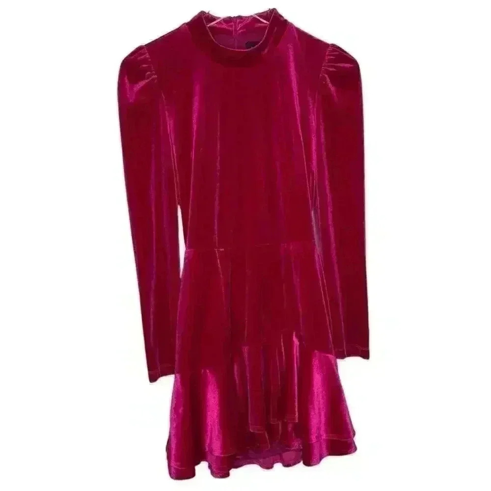Yumi Kim Shannon Pink Fuschia Velvet Long Sleeve Mini Dress Size Medium - Picture 3 of 12